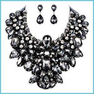 Rhinestone Crystal Statement Necklace Earrings Set, Alloy Metal